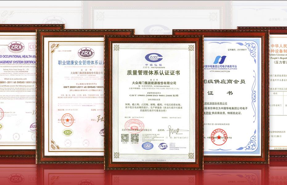 Dazhong Valve Group certifications and patents