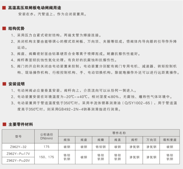 高温高压双闸板电动闸阀参数